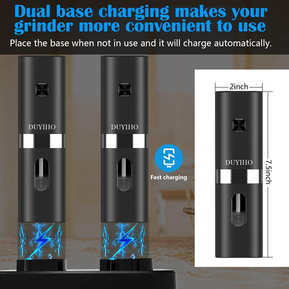 Rechargeable Electric Salt and Pepper Grinder Set with Double Charging Base, Support Battery Operated, Refillable Spice Automatic Mill Shakers Set with Adjustable Coarseness and LED Light