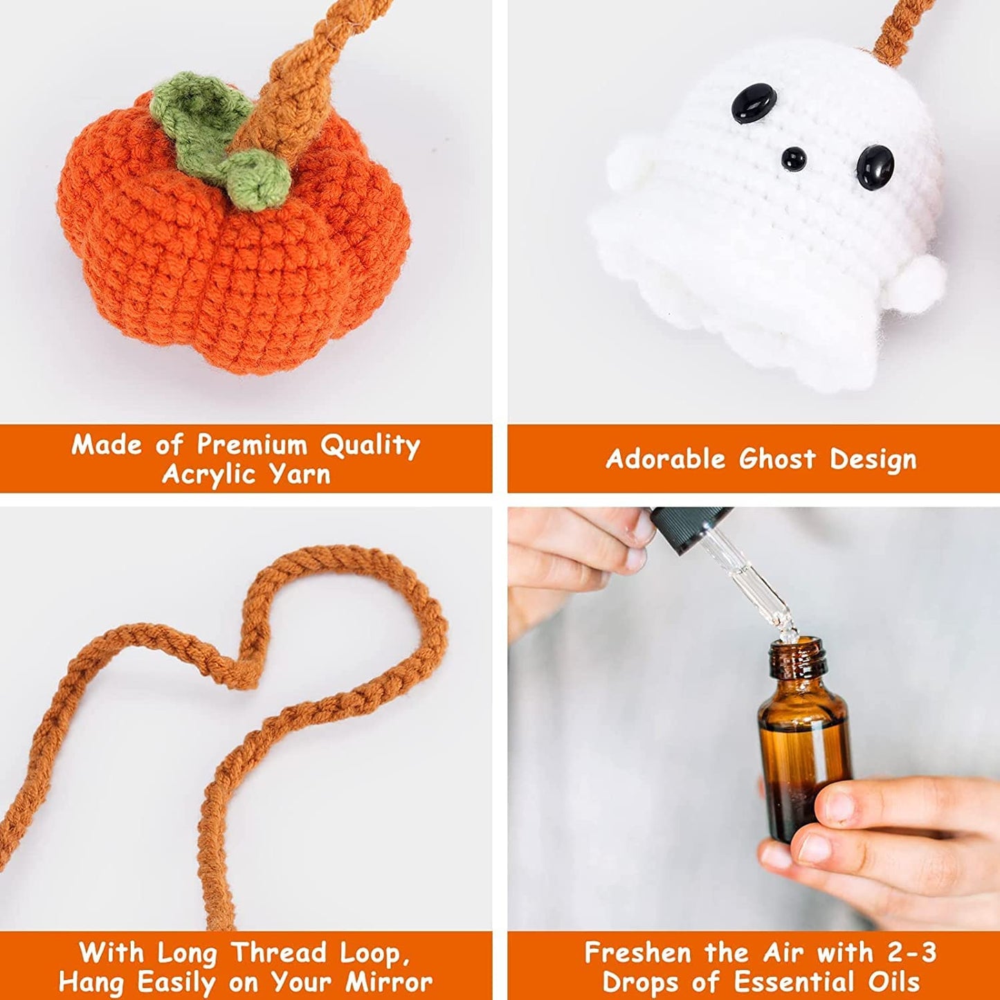 Halloween Car Ornament Crochet Pumpkin and Ghost Car Pendant for Car Mirror Upholstery Accessories, Hand Knitted Mirror Charm (2)