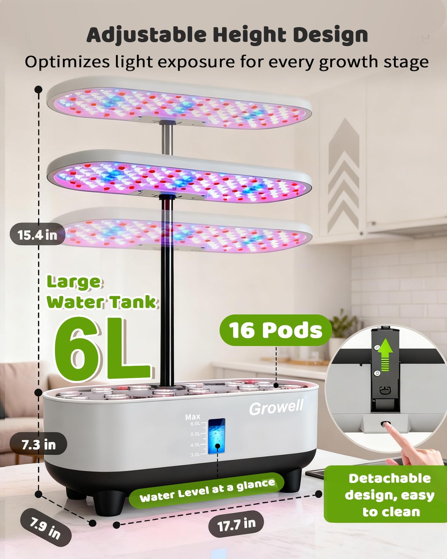 Growell Hydroponics Growing System Kit, 16 Pods, Vertical 8L Indoor Gardening System for Herb Vegetable Fruit, Hydro Garden with LED Grow Light, Smart Water Circulation, 3 Light Modes & 2 Timer, Gray