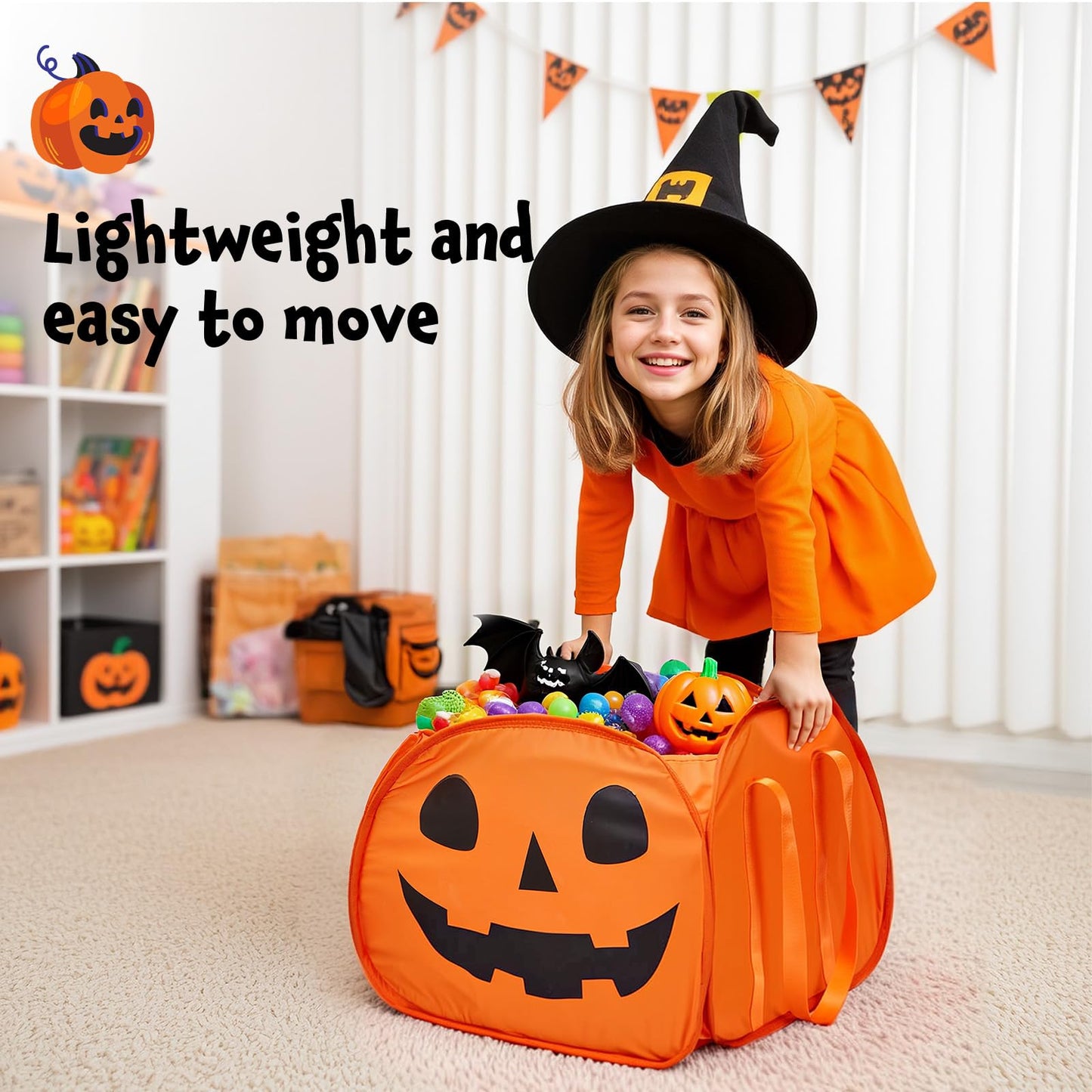 YOHOOLYO 95L Large Cute Halloween Pumpkin Boo Basket with Handles, Trick or Treat Candy Bucket Bag, Halloween Decor for Kids, Candy Buckets & Tote Bags for Party Favor Supplies