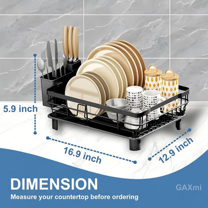 GAXmi Dish Drying Rack with Drainboard for Kitchen Countertop 1-Tier Black | With utensil holder, Over the sink, Quick drainage, Space-saving, Large capacity