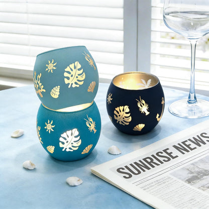 Coastal Ocean Glass Votive Candle Holders Set of 4, Laser Etched Nautical Tealight Holders with Anchor, Palm Tree & Sea Life Patterns, Summer Blue Glass Centerpiece for Home Spa Party Gift