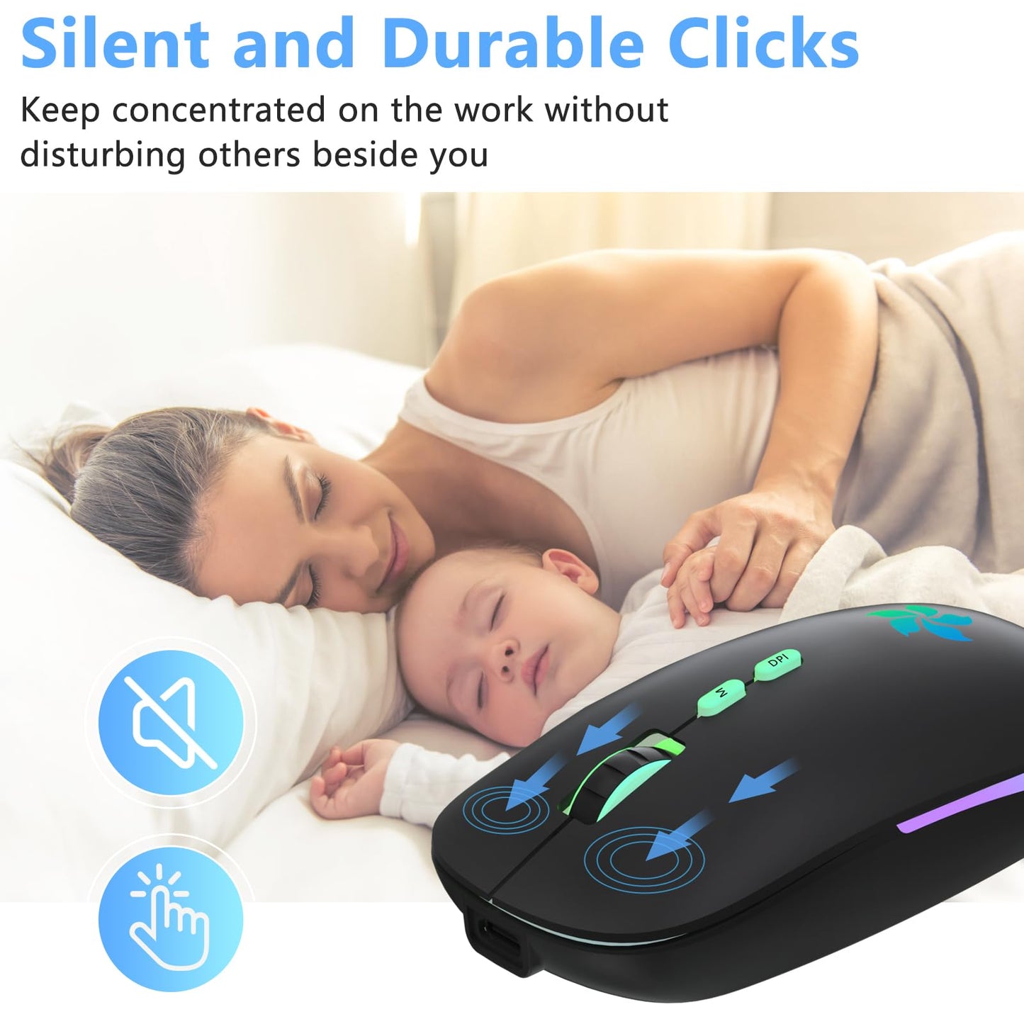 KARFUN Wireless Mouse, Backlit LED Portable Slim Computer Mouse for Laptop, PC, Computer, MacBook, iPad, Chromebook, Notebook, 2.4G Rechargeable Wireless Mouse (Black) (Black-Transparent Nose)
