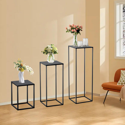 Hyuetrsa 3 Pcs Black Vase for Wedding Centrepieces Metal Flower Stand Geometric Display Table Column Rack Wedding Flower Stand Tall 15.7/23.6/31.5in for Home Birthday Party Decorations