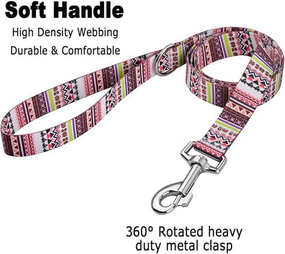 MarukoPet Dog Collar and Leash Set, Adjustable for Small Medium Large Dogs Puppy, Cute Design with Bohemia Floral Tribal Geometric Patterns Boys Girls Dog Collar(Pink Bohemia Set,M)