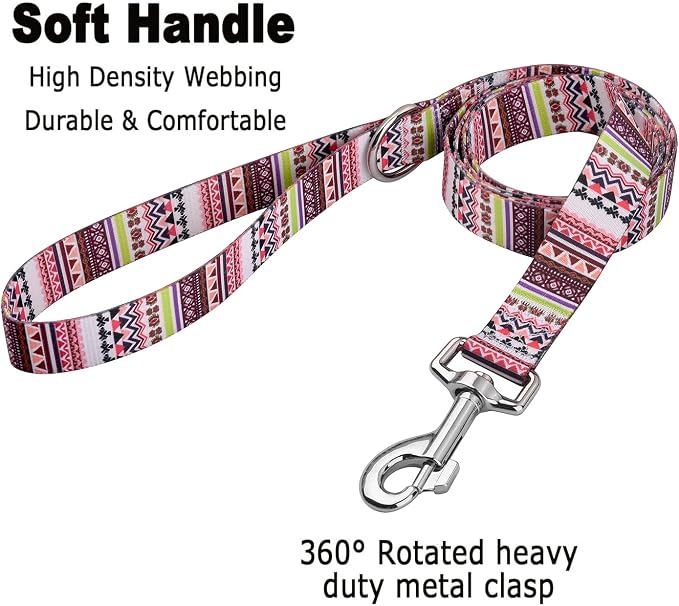 MarukoPet Dog Collar and Leash Set, Adjustable for Small Medium Large Dogs Puppy, Cute Design with Bohemia Floral Tribal Geometric Patterns Boys Girls Dog Collar(Pink Bohemia Set,XS)