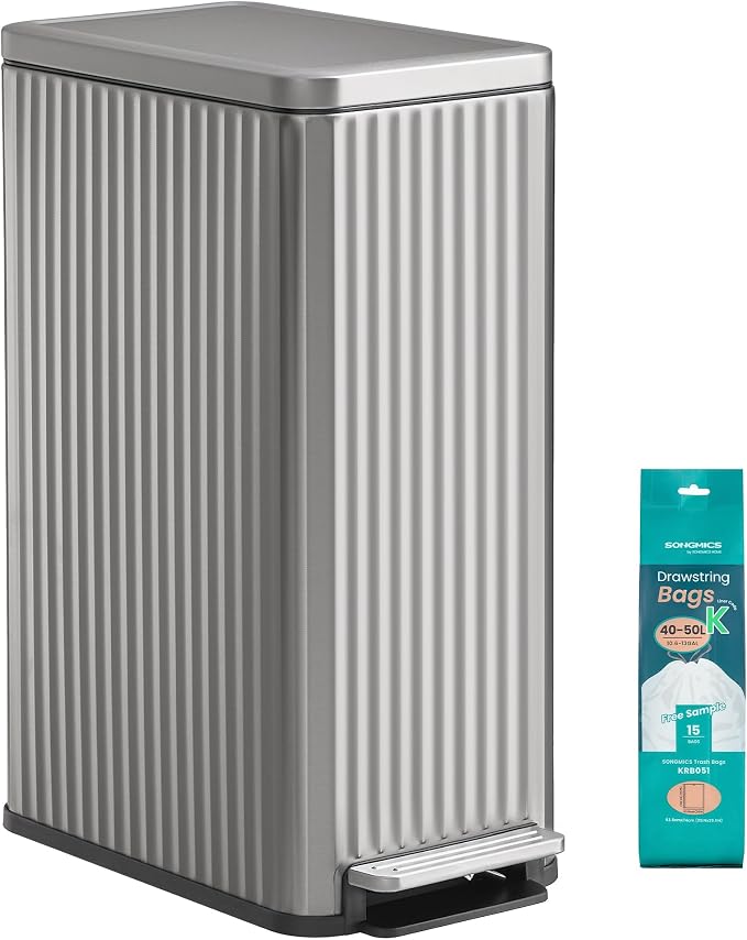 SONGMICS Trash Can, 13 Gallon (50 L) Slim Garbage Can for Kitchen, with Soft-Close Lid, Pedal, Removable Inner Bucket, Stainless Steel, 15 Trash Bags, Space-Saving, Metallic Silver ULTB350EZ01