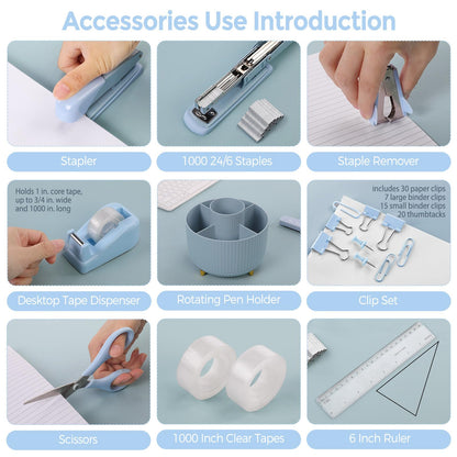 SKYDUE Desk Organizers and Accessories 10Pcs, 360-Degree Rotating Pen Holder, Stapler, Staple Remover, Tape Dispenser,2pcs Tape Refills, Binder Paper Clips Kit, Scissor (Blue)