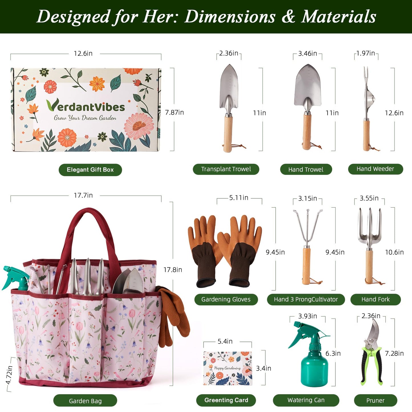 VerdantVibes Gardening Tools Set - 10 Piece Stainless Steel Garden Tools with Wood Handle, Pruners & Romantic Pink Floral Tote Bag - Cute Heavy Duty Gardening Gifts for Women Mom Wife