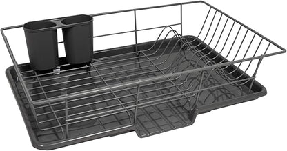 Sweet Home Collection 3 Piece Metal Dish Drainer Rack Set with Drying Board and Utensil Holder, 12" x 19" x 5", Gray