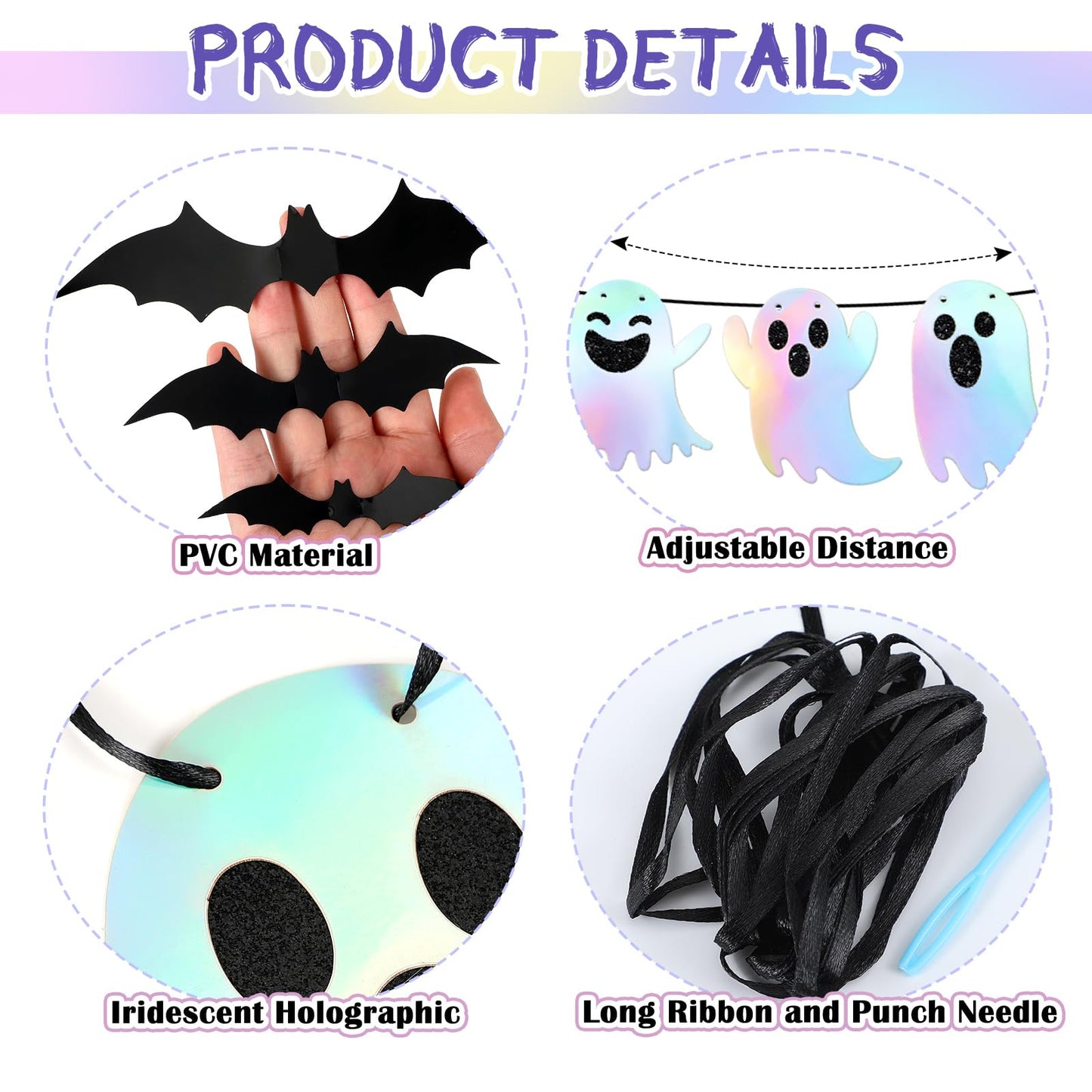 Epakh 27 Pack Iridescent Halloween Decoration Black Glitter Hey Boo Banner Holographic Ghost Garland 3D Bat Wall Sticker for Indoor Outdoor Mantel Wall Window Decor Halloween Party Decoration Supply