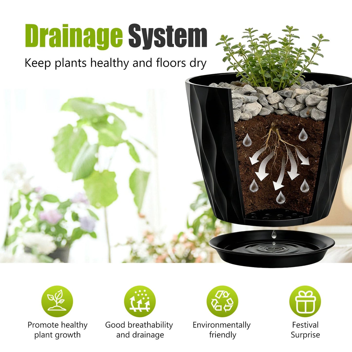 SQKH 8 Inch Plastic Plant Pots,Set of 5 Flower Pots,Planters with Drainage Holes & Saucers, Indoor Outdoor Garden Pots for Home Decor (Black)