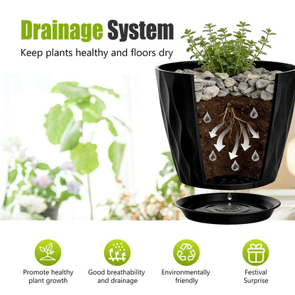 SQKH 8 Inch Plastic Plant Pots,Set of 5 Flower Pots,Planters with Drainage Holes & Saucers, Indoor Outdoor Garden Pots for Home Decor (Black)