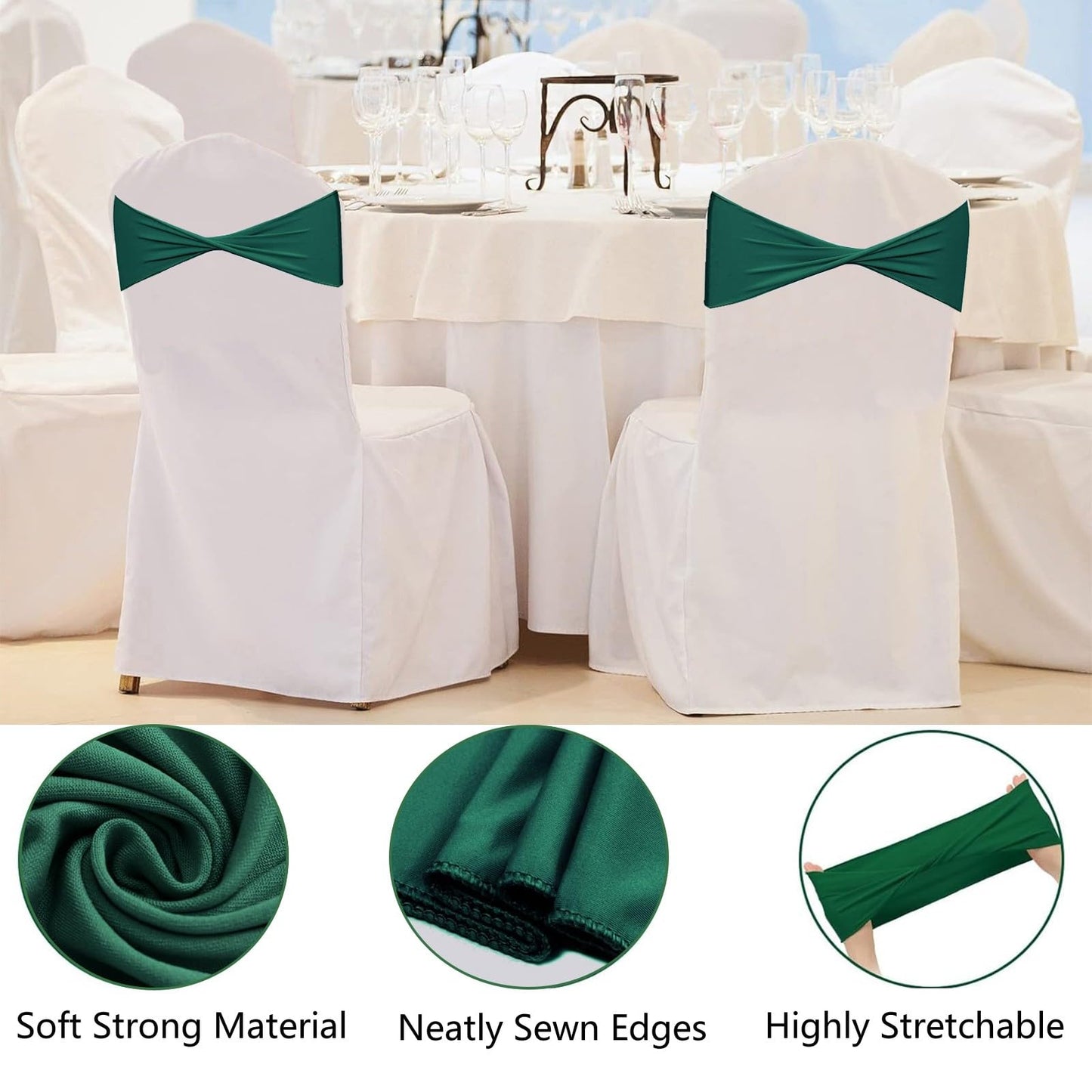 WYFMYD Spandex Emerald Green Chair Sashes 50 Pcs Dark Green Sashes Bows Elastic Chair Cover Bands Ties Without Buckle for Wedding Party Events Ceremony Birthday