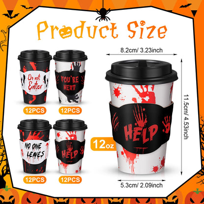 MotiMind 48 Set Halloween Disposable Coffee Cups with Lids & Sleeves 12 oz Halloween Hot Cold Beverage Paper Cups Bulk for Holiday Coffee Drinking Party Supplies Decorations(Black and Red,Blood)