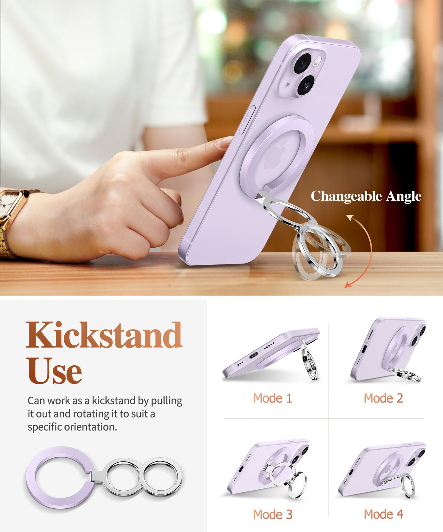 GVIEWIN Magnetic Phone Ring Holder, Compatible with MagSafe Phone Grip with Adjustable Stand, Magnet Phone Ring Kickstand for iPhone 17/16/15/14/13/12 Pro Max Plus Air/Other Phones (Glitter/Silver)