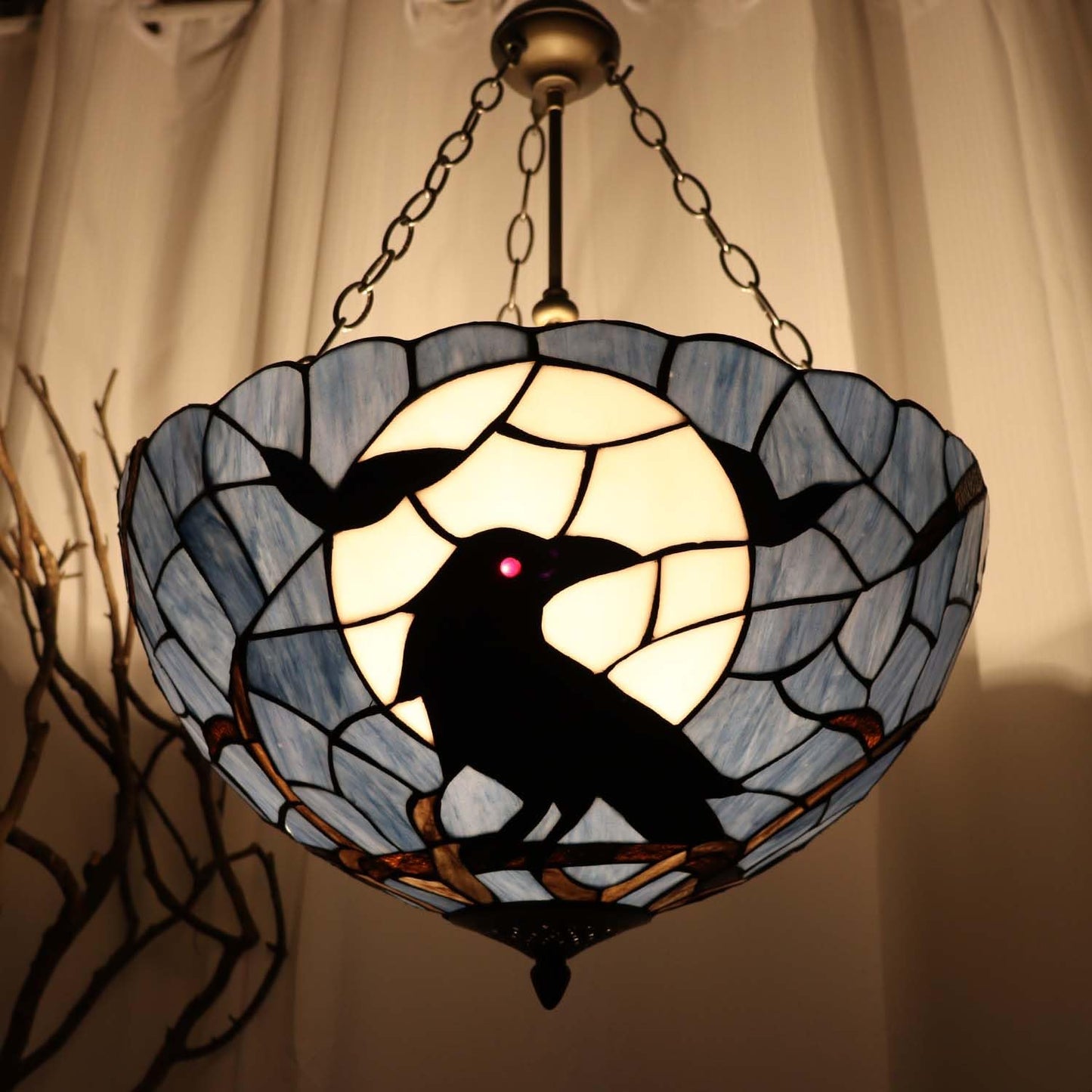 Bieye L12006 Tiffany-Style Stained Glass Raven Ceiling Pendant Light, 3-Light Hanging Ceiling Fixture with Adjustable Chains (Dark Blue, 20 inches Wide)