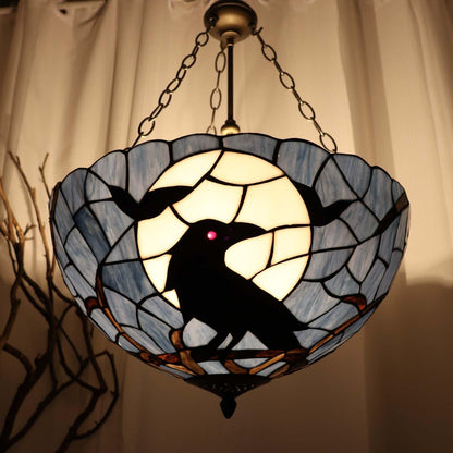 Bieye L12006 Tiffany-Style Stained Glass Raven Ceiling Pendant Light, 3-Light Hanging Ceiling Fixture with Adjustable Chains (Dark Blue, 20 inches Wide)
