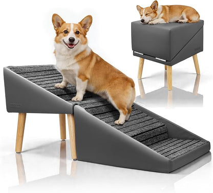 Dog Stairs for Small, Medium, Large Dogs & Cats, 17" H 4‑Step Foldable 2‑in‑1 Wooden Pet Steps with Split Ottoman Design, Non‑Slip Dog Ramp for Couch Bed Sofa for Puppy Senior Injured Pets