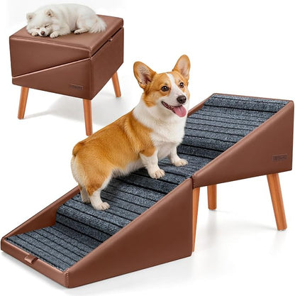 17" H Dog Stairs for Small Dogs – 4-Step Non-Slip Dog Ramp for Couch, Foldable 2-in-1 Pet Stairs & Ottoman, Upgraded Pet Steps for Puppies, Senior Dogs & Injured Pets, Solid Wood Frame (Brown)