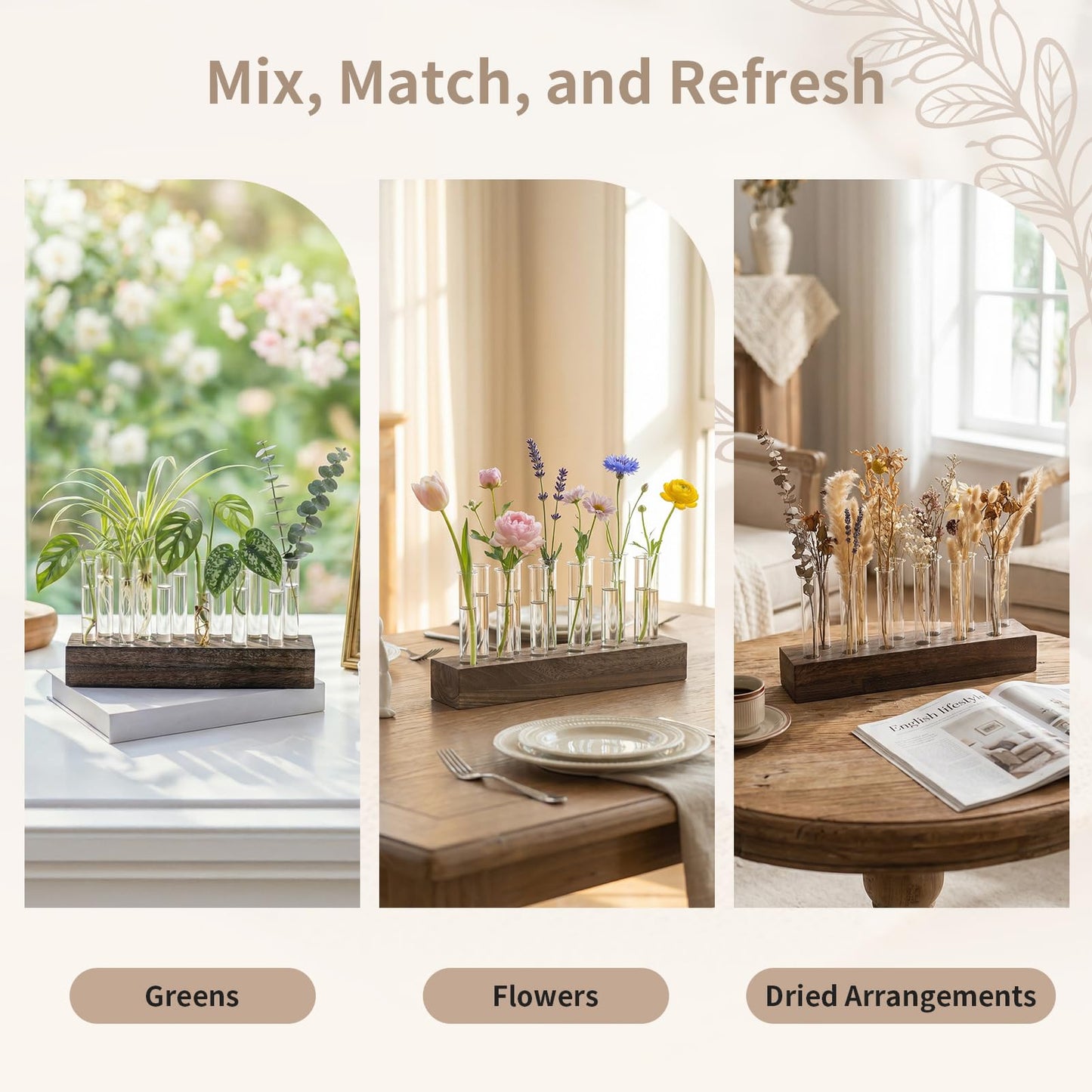 NUPTIO Vase Wedding Centerpiece for Table: 15" Long Rectangular Wooden Base and 12 Pcs Glass Test Tube Bud Vases for Flower Arrangement Dining Table Center Piece Home Decor Gifts for Plant Lovers