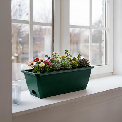 Rectangle Planters Box, 4 Pack Deck Hanging Planters for Railings, Window Box Planter with Drainage Holes & Trays, 16.9 Inch Balcony Planters Railing Hanging with Metal Brackets, Black Green (Green)