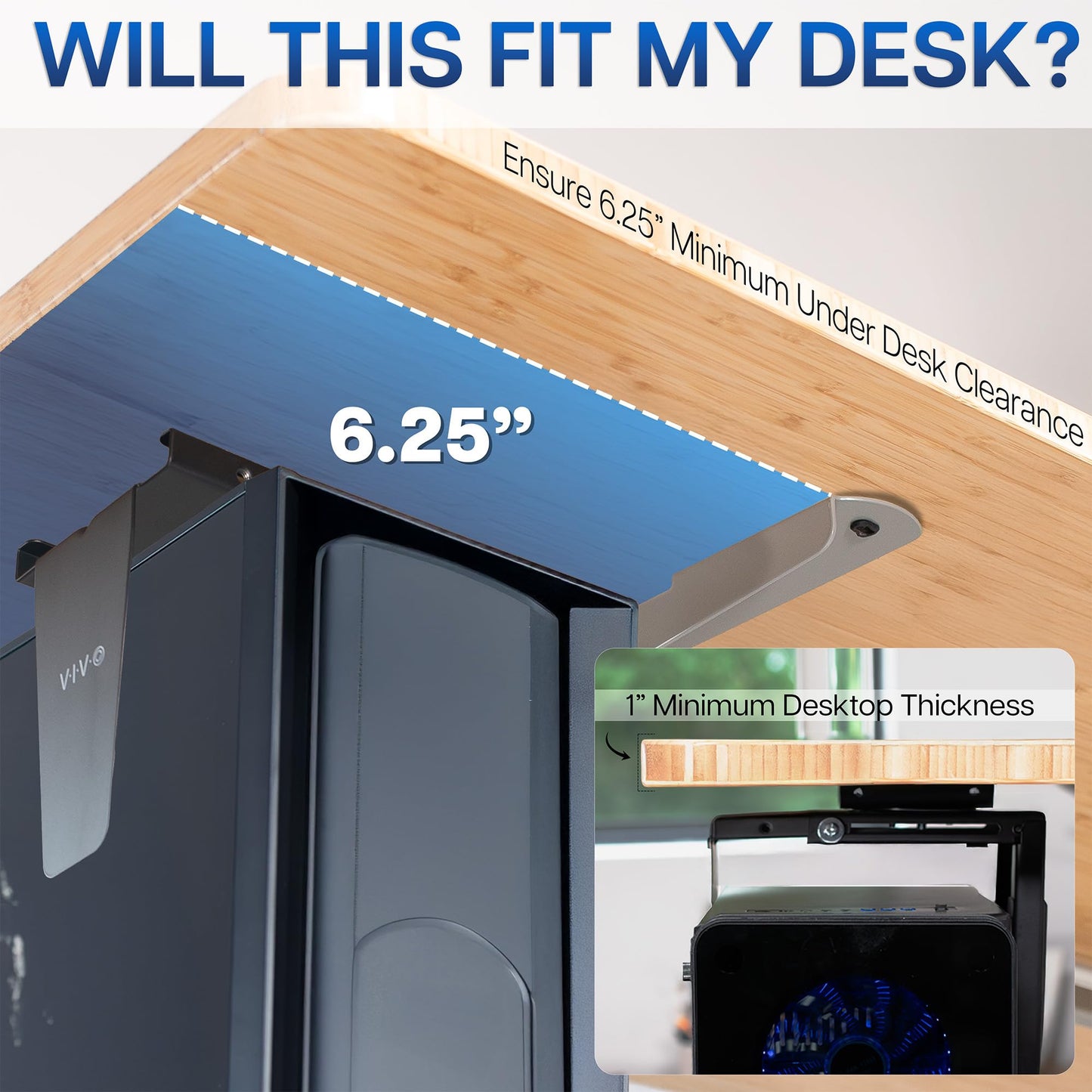 VIVO Adjustable Under Desk and Wall 3.5 to 7.8 inch Wide Office PC Mount, Computer Case CPU Machine Holder Stand with Swivel and Secure Locking, Holds 22 lbs, Black, MOUNT-PC01