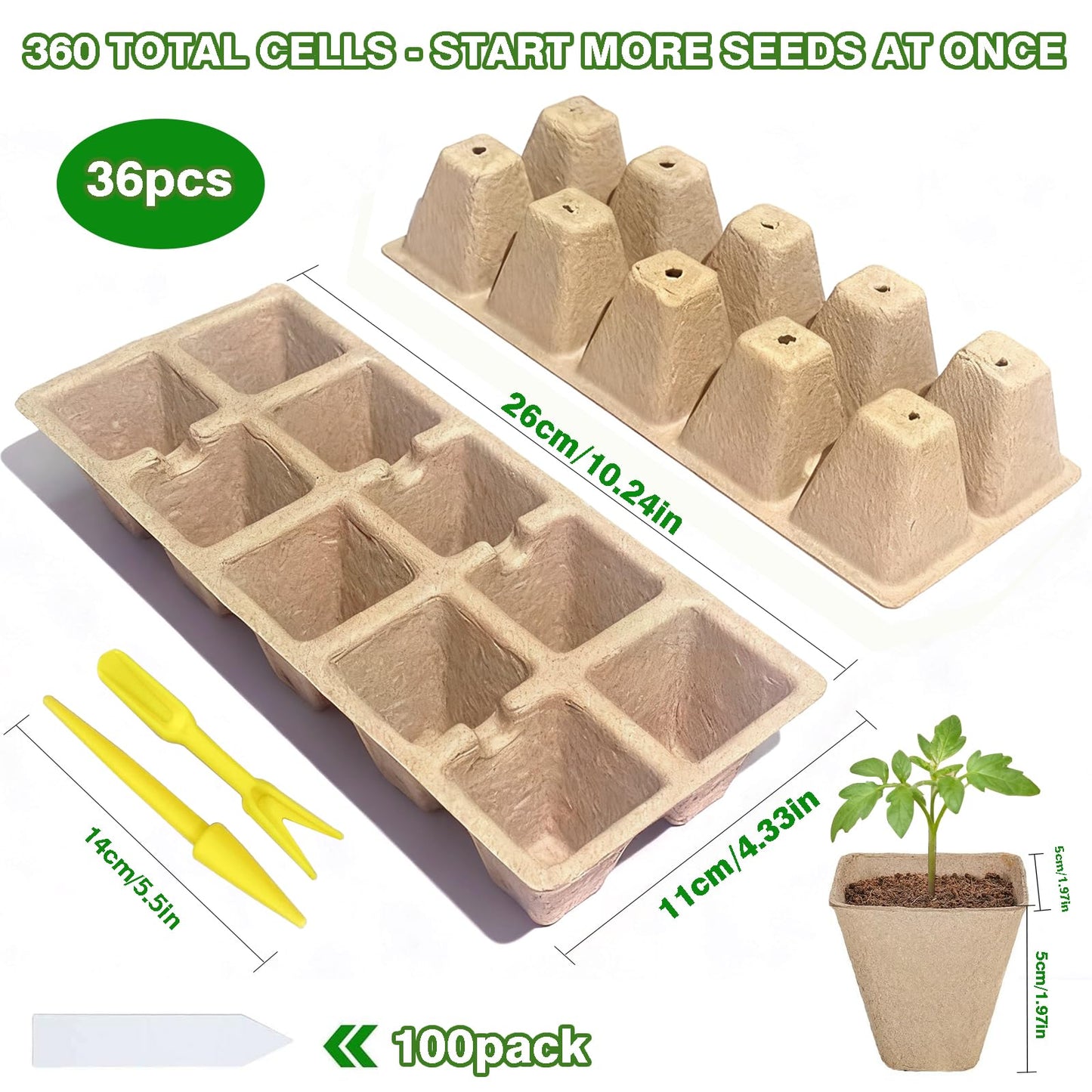 Kimdozee 360 Cells Seed Starter Tray, 36 Pack Germination Peat Pots with 100 Labels, Plant Starter Kit for Seedlings