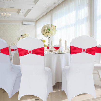 Howhic Pack of 120 Spandex Chair Sashes Bows Stretch Chair Cover Band with Buckle Slider Universal Elastic Chair Ties for Wedding Banquet Party Event Decoration (Ruby)
