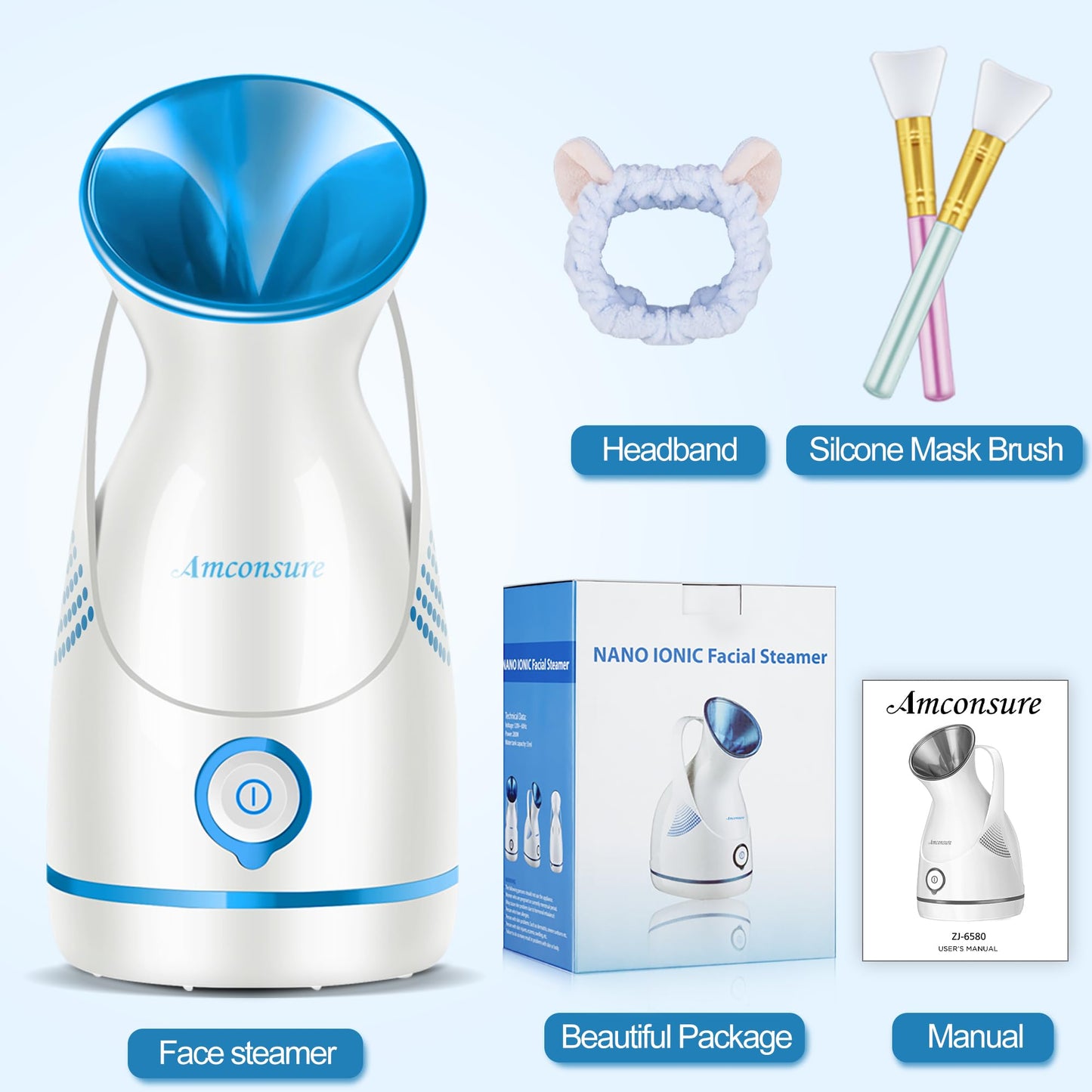Amconsure Facial Steamer - Nano Ionic Face Steamer Warm Mist Steamer for Home Sauna SPA, Humidifier for Face Steamer for Deep Cleaning Unclogs Pores Sinuses - Bonus 5 Piece Stainless Steel Skin Kit