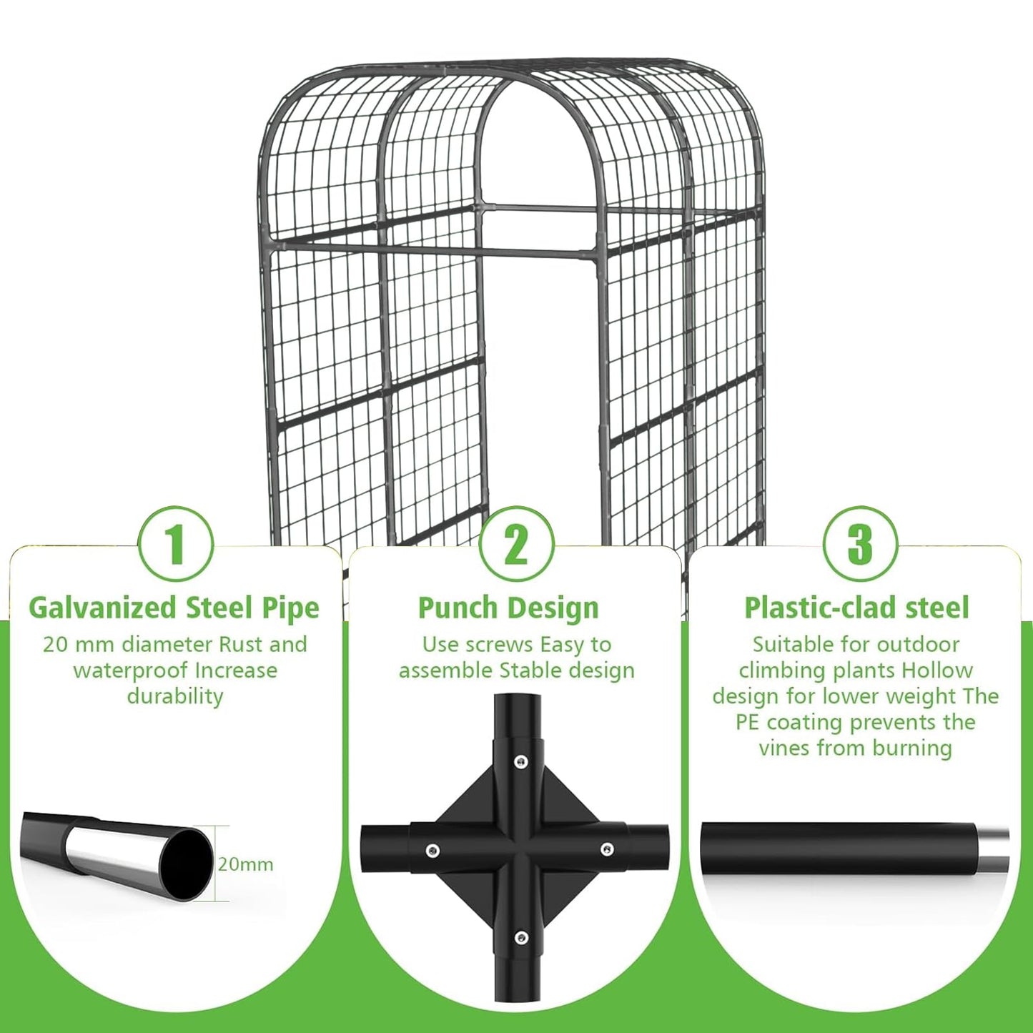 GarveeLife Metal Garden Arch Trellis 7.3 FT, Cucumber & Melon Trellis for Raised Beds, u-Shape Plant Support with Plastic Connectors for Climbing Vegetables, Grapes & Roses, Black