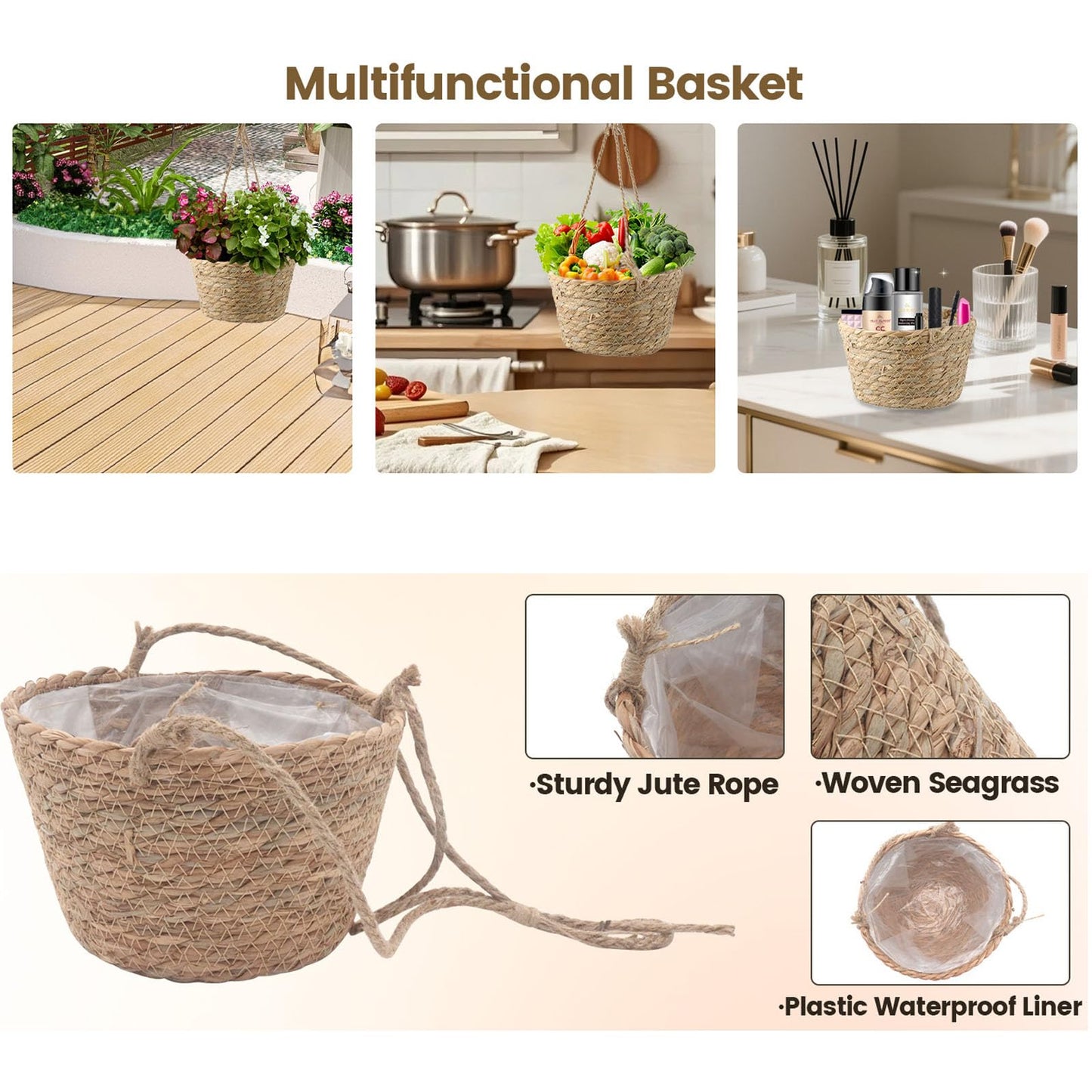 MY MIRONEY 2PCS Hanging Planter Basket Natural Seagrass Woven Plant Pot Hanger Hanging Plant Holder with Twine for Home Decor, Indoor & Outdoor Use, 8.11" x 4.96", Khaki
