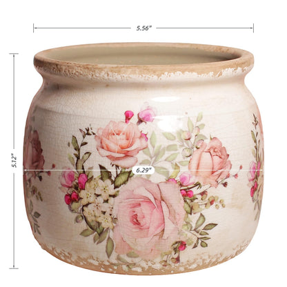 Xiaan Jiaju Ceramic Planter for Indoor Plants, 6.29 Inch Rose Pattern Crackle Glaze Flower Pot with Drainage Hole, Orchid Succulent Pots, European Farmhouse Bedroom Balcony Decor Gift, Pink