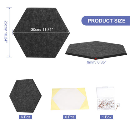 PATIKIL Felt Bulletin Board, 12"x10", 6 Packs Self Adhesive Hexagon Felt Tiles for Sound Proofing Wall Panels for Home Office Recording Studio,Game Room, Black
