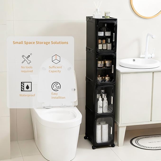 3-Tier Narrow Slim Bathroom Storage Cabinet with Wheels, Black | Tool Free Assembly, Adjustable shelves, Lockable Wheels, Magnetic Clear Door, Fits for Narrow Spaces