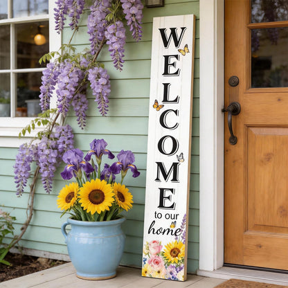 Welcome Sign for Front Door, Large 47 inch Wood Framed Welcome to Our Home Sign with Spring Flower Print & Hanging Rope, Vertical Farmhouse Wooden Board Standing for Outdoor Yard Patio