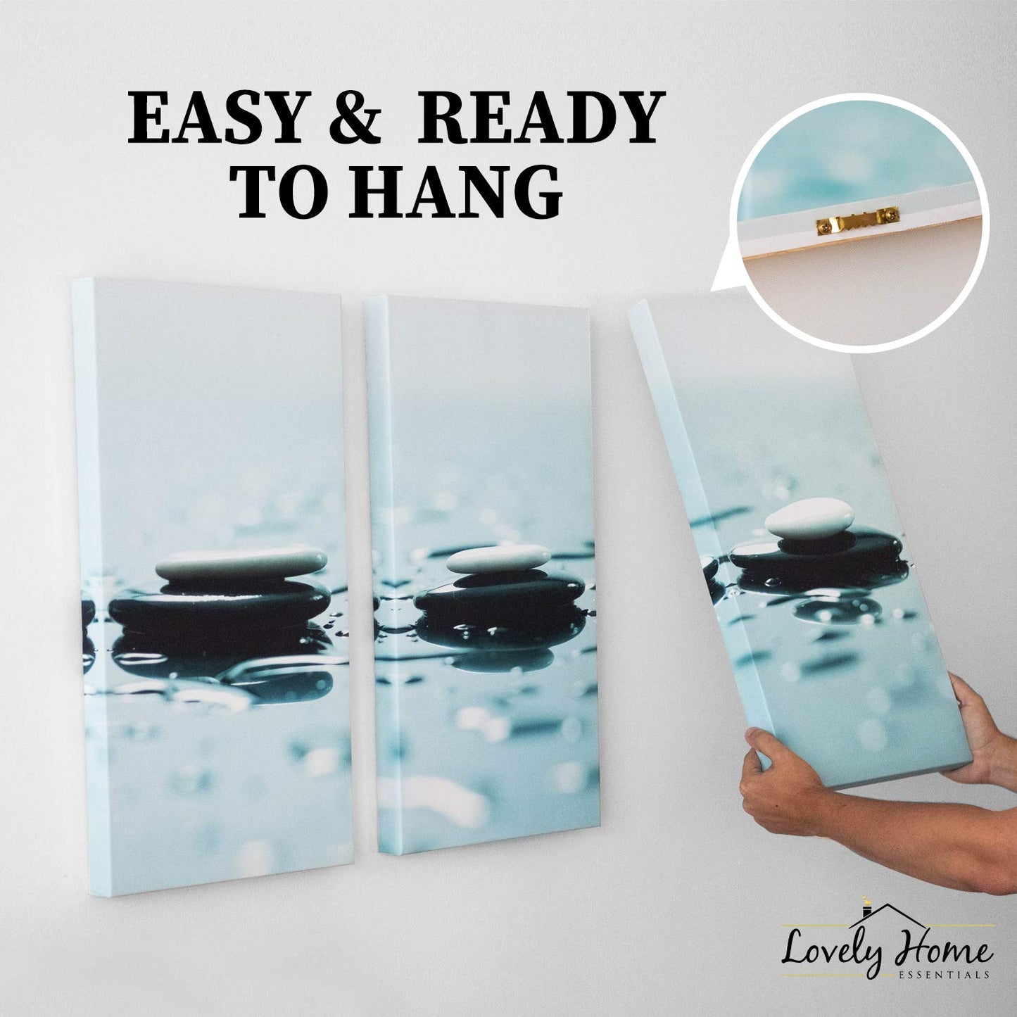 Lovely Home Essentials Zen Wall Art - 24x36 inch - Zen Wall Decor with Stones - 3 Panel Calming, Relaxing & Peaceful Canvas Print Artwork - Pictures for Spa, Therapy, Bathroom, Living Room & Office