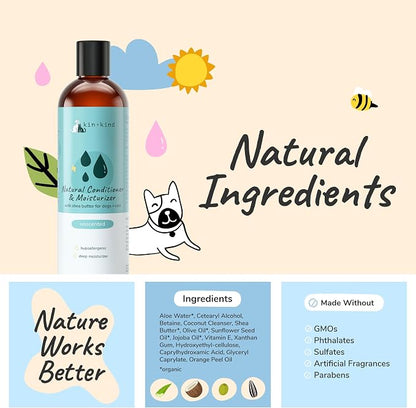 kin+kind Cat & Dog Conditioner with Shea Butter, Aloe & Betaine – All-Natural Pet Supplies to Moisturize, Soften & Restore Coat, Shed Control & Coat Defense for Dogs and Cats, Made in USA - 12 fl oz