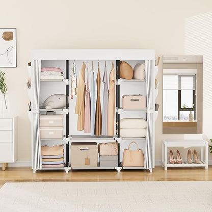 VTRIN Portable Closet Wardrobe for Hanging Clothes 57.3 Inch Large Capacity Clothes Rack with Cover, 10 Storage Organizer Shelves, 1 Hanging Rods and 6 Pockets, Free Standing Closet, White