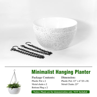 WOUSIWER 13 inch 2Pack Large Hanging Planters for Outdoor Indoor Plants with Drainage Holes and Chain, Round Hanging Flower Pots for Garden Home Porch Decor, White Speckles