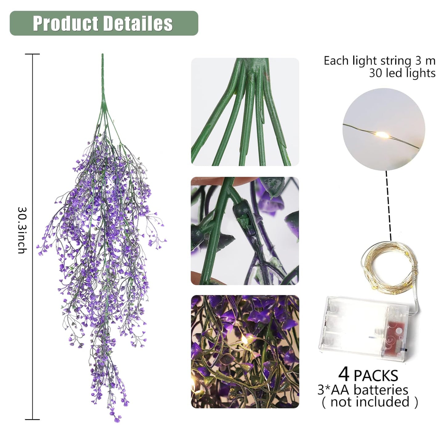 RECUTMS Artificial Hanging Plant 4 Pack Fake Fern with LED Lights Ivy Vines 2.5ft Faux Hanging Greenery Vine for Home Garden Wall Office Wedding Party Decoration (Purple)
