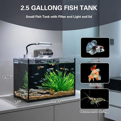 2.5 Gallon Small Aquarium Set Glass Fish Tank,Desktop Small Aquarium Kit for Beginners and Children to Keep Betta Fish, Goldfish, Shrimp, and Aquatic Plants (Black, 2.5 Gallon (Complete Kit) ﻿)