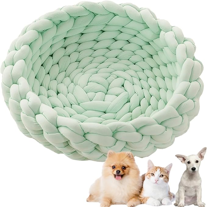 Woven Dog Bed Basket, Knitted Cotton Cat Bed Round Washable Woven Cat Pet Bed Chunky Dog Basket, Orthopedic, Chunky Knit Dog Nest,Dog Bed,Dog Cave,Dog Bedding(Green 3,23")