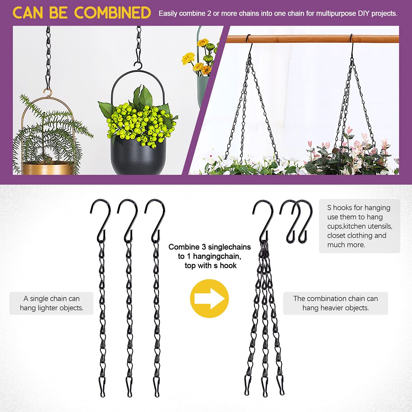 Swpeet 15Pcs Black 9.5 Inch Garden Plant Hangers Hanging Chain Assortment Kit, Garden Plant Hangers Hanging Basket Chains for Decorative