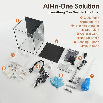 DIY Aquarium Masterpiece Kit - Create Your Own Unique Ocean Aquascape with Natural Shells, Vibrant Corals, RGB Color Lights, Filter, Pump and 1.2Gal Cube Rimless Tank