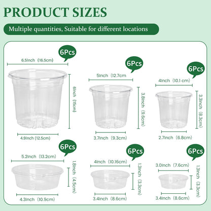 Bluepro 18 Pack 6.5/5/4 Inch Clear Self Watering Plant Pots with Bottom Water Tray & Watering Rope, Transparent Nursery Pots with Drainage for Seedlings, Herbs, and Houseplants