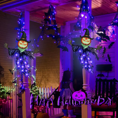 ILLUMINEW Solar Halloween Metal Hanging Decorations Outdoor, Solar Powered Lighted Metal Pumpkin with Glowing Eyes for Halloween Outdoor Tree, Wall, Porch, Patio Decor (Pumpkin-Purple)