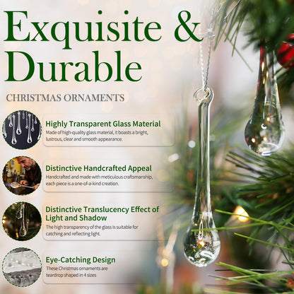 OuMuaMua 64 Pcs Glass Raindrop Christmas Ornaments Crystal Teardrop Hanging Ornaments Clear Chandelier Drop Pendant Decorations for Christmas Tree Winter New Year Party Supplies Home Decor