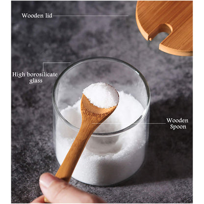FANTESTICRYAN 2 PCS Clear Glass Condiment Canister Pots Set, Simple Stylish Decorative Storage Seasoning Container with Bamboo Lid & Spoon for Home Kitchen Café Storing Salt Sugar Spice (Round)