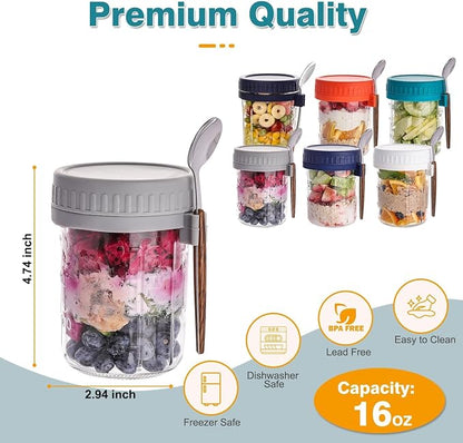 6 Pack Overnight Oats Containers with Lids and Spoons, 16 OZ Glass Oatmeal Container With Measurement Marks for Chia Pudding, Yogurt, Breakfast, Airtight Leak Proof, Clear
